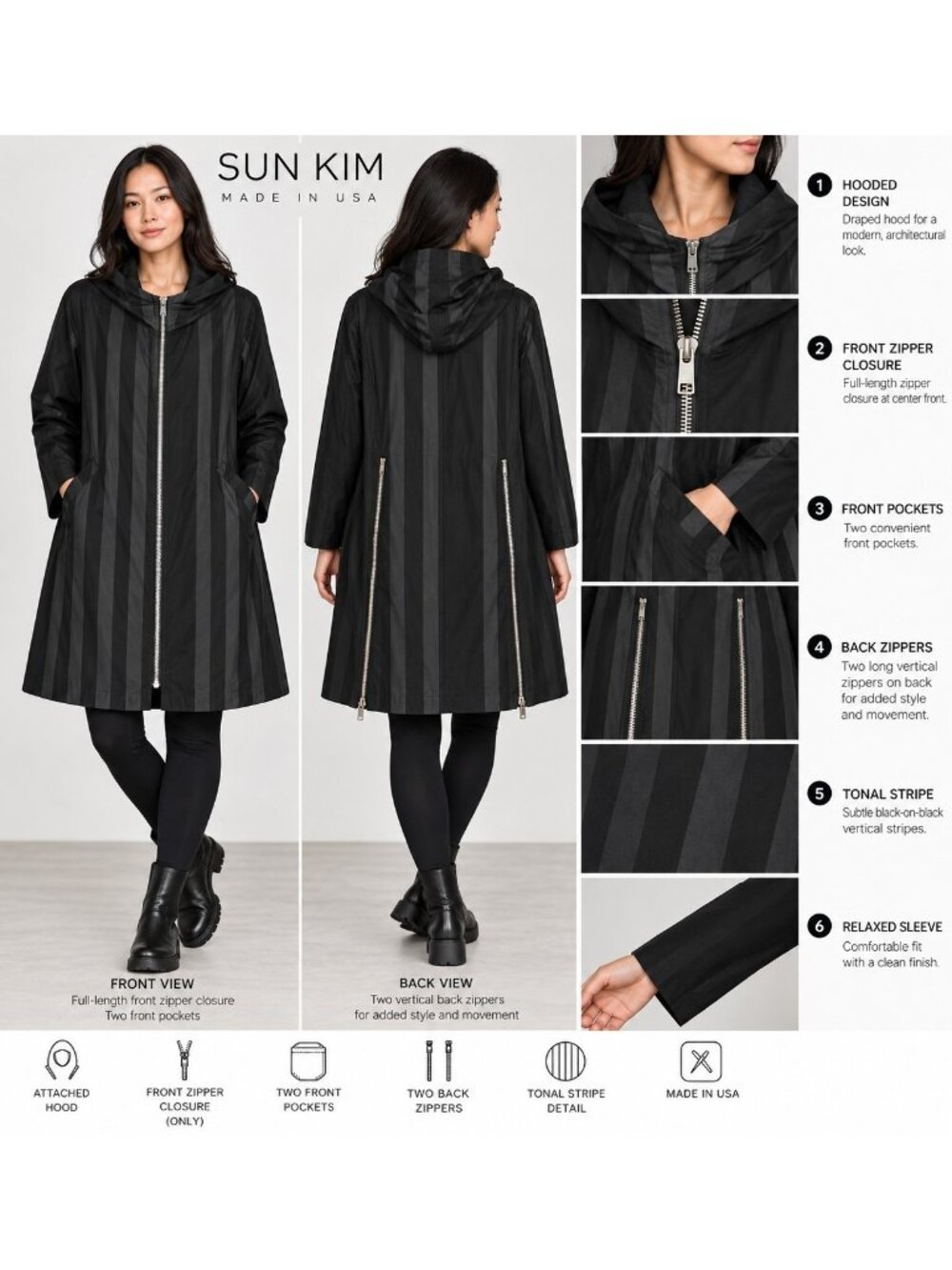 Sun Kim Black Tonal Stripe Hooded Longline Jacket Avant Garde Lagenlook Size S